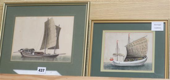 Chinese School, two gouache on pith paper, Studies of junks, 16 x 22cm and 13 x 16.5cm